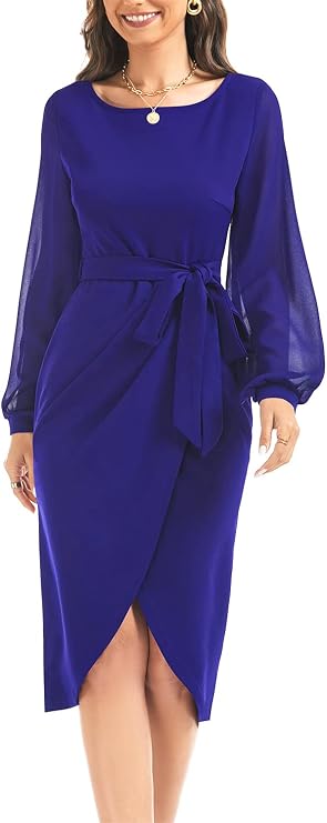 HELYO Women's Elegant V-Back Chiffon Long Sleeve Sheath Dresses Belted Ruched Casual Work Cocktail Party Midi Dress