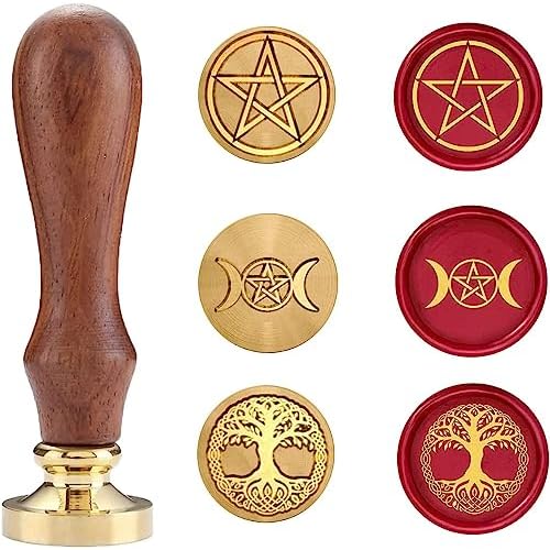 Wax Seal Stamp Set, Sealing Wax Stamps Copper Seals with Wooden Hilt, Vintage Retro Wiccan Seal Wax Stamp Triple Moon&Pentagram&Tree of Life