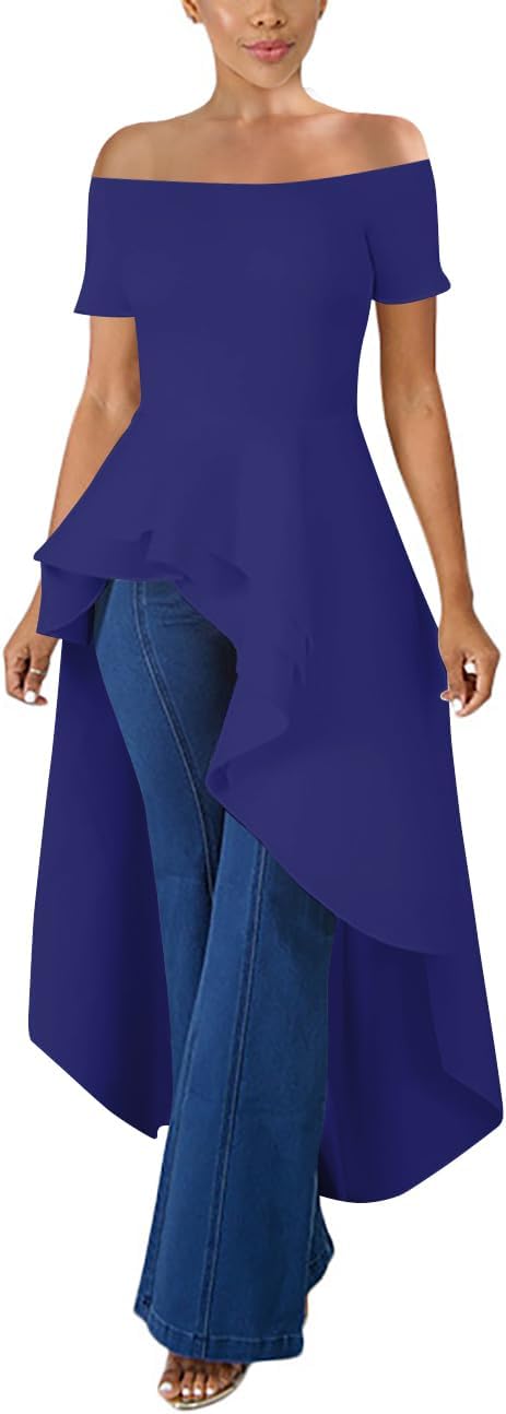 Lrady Womens Off Shoulder Tops High Low Short Sleeve Ruffle Peplum Tunic Party Blouse Casual Shirt Dress
