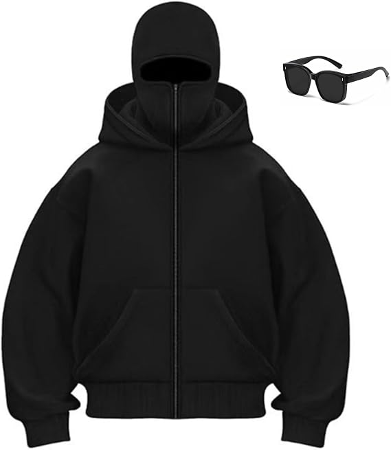 Balaclava Hoodie with Built in Balaclavaand Mask, Cool Men Double Hooded Jacket Wind-Resistant Hoodies