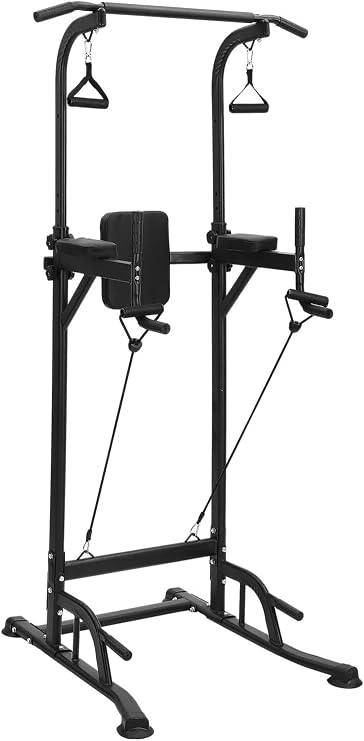 Multi-Function Power Tower Pull Up Station, Height Adjustable Dip Bar with Resistance Bands, Home Gym Strength Training Equipment for Full-Body Workout, Supports 330 LBS