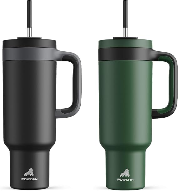 POWCAN 50 oz Tumbler with Handle 2 Pack, 2-in-1 Straw & Sip Lid, Leakproof, Dishwasher Safe, Insulated Stainless Steel Coffee Mug, Keeps Cold for 34 Hours, Fits in Car Cup Holder(Might & Forest)
