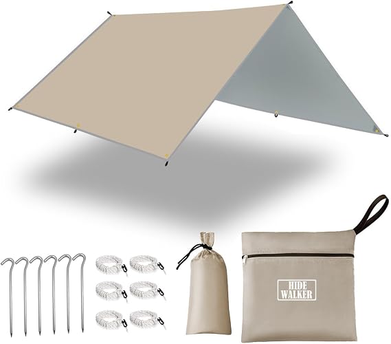 Camping Tarp Shelter 3x3m 3x4m 3x5m Lightweight Tent Tarpaulin Waterproof Tent Awning Canopy Basha Sunshade for Hiking Backpacking (Khaki, 4x4m)