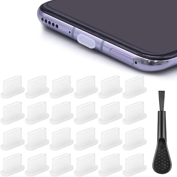 24pcs USB Type C Dust Plug Set, with Cleaning Brush, Transparent Silicone Type C Charging Port Cover, Anti-Dust Stopper Protector Universal Fit for All Type-C Phones, Tablets and Laptops