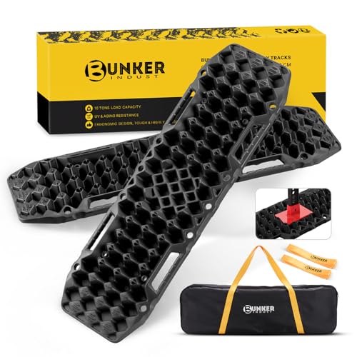 BUNKER INDUST Off-Road Traction Boards with Jack Base,Pair Recovery Track 4X4 Jeep Truck Emergency Tire Traction Mat with Bag -Sand, Mud, Snow Tracks Black Traction Pad Gen 7th