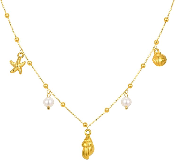 Gold Shell Necklace for Women - 14k Gold Plated Seashell Charm Necklaces,Dainty Non Tarnish Stainless Steel Beach Vacation Choker Jewelry Gift,Ocean Sea Shell Starfish Charms Cute Necklaces for Summer
