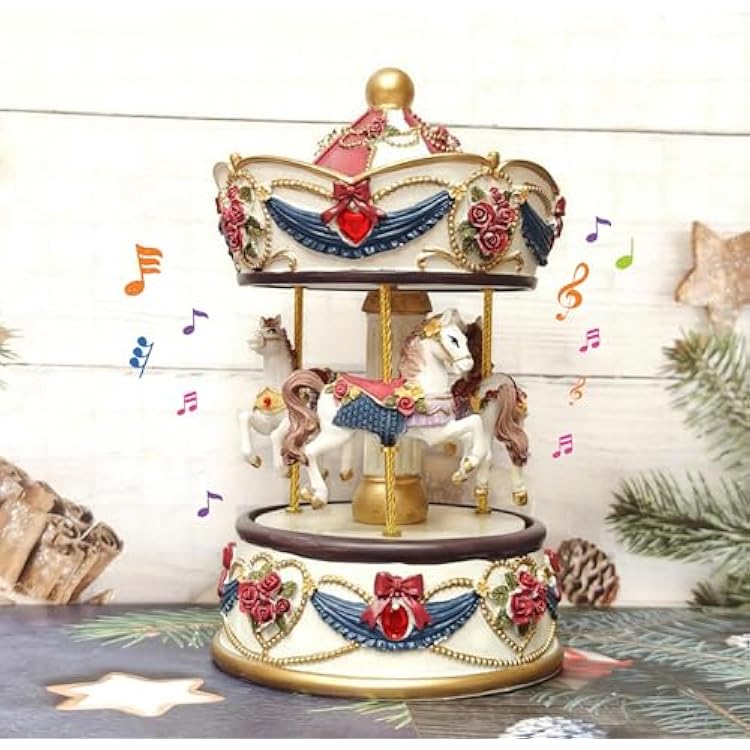 Carousel Music Boxes for Girls Merry-Go-Round Horse Musical Box with 3 Horses for Christmas Wedding Birthday Valentines Day Gift, Shop Display Home Decor Castle in The Sky B