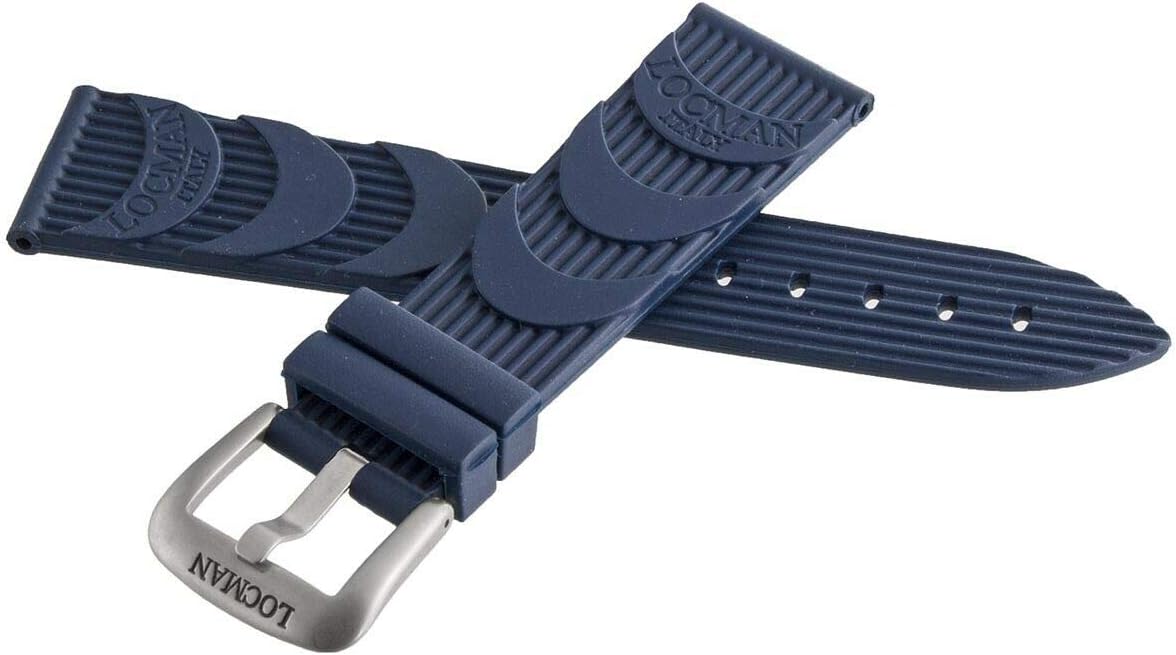 Locman Mens 24mm Blue Rubber Watch Band Strap with Silver Buckle