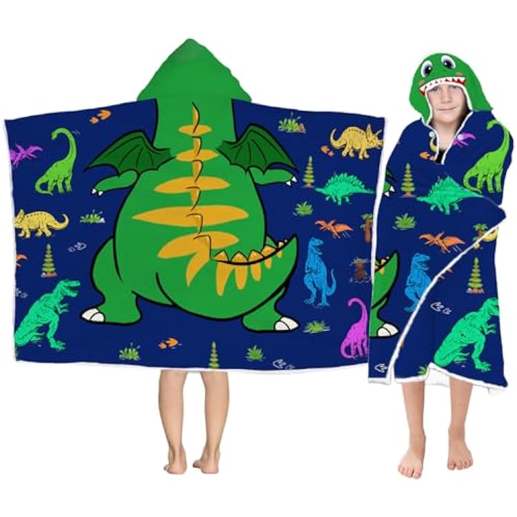 Dinosaur Hooded Beach Towel for Boys, Soft & Absorbent T-Rex Dinosaur Poncho Towel, 30x50 Green Blue Bathrobe for Kids Cool Cartoon, Quick Dry Swim, Pool, and Bath Time