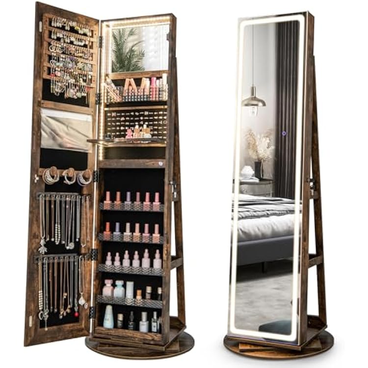 3-in-1 Jewellery Cabinet with 3-Color LED Lights, 360Swivel Lockable Jewellery Armoire with Full-Length Mirror and Rear Shelves, Freestanding Cosmetic Storage Organizer Rustic Brown