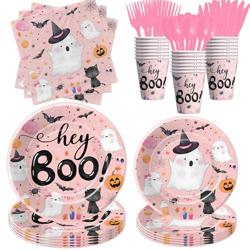 Halloween Birthday Plates And Napkins Party Supplies, Girl Pink Ghost Halloween Birthday Decorations Tableware, Spooky Hey Boo Paper Plates and Napkins Set Cup, Disposable Cutlery, Serves 24