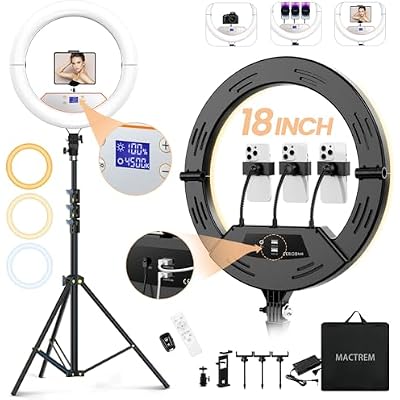 18 Foldable Ring Light with Stand for iPhone ipad, LED Display2 USB Ports4 Phone Tablet Holders, 2700-6500K Dimmable Ring Light for Tattoo Barber Makeup Studio Video Recording Photography