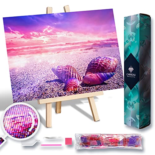 Carreau Diamond Painting Diamond Art for Adults Beach Jewel Painting Kits for Teens Paint with Dots or Dotz Full Square Drill 12x16 5D DIY Gem Art Club Purple Pink Seashell Sunset Sunrise