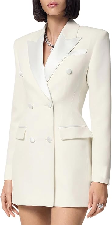 Women's Double Breasted Blazer Formal Dinner Satin Peak Lapel Classic Suit Jacket Sexy Party Prom Wedding Formal