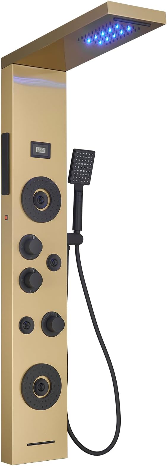 Brushed Gold Shower Panel LED Rainfall Shower Head, Bathroom Shower Panel Tower System Body Massage 6-Functions Temperature Display Wall Mount, Gold