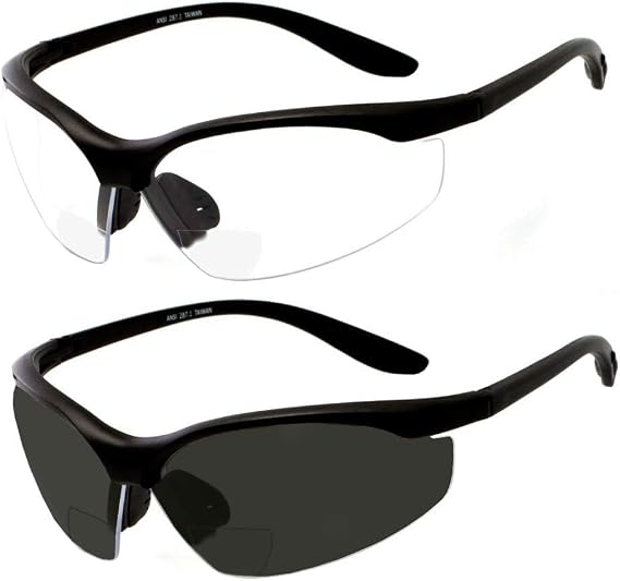 grinderPUNCH 2 Pair Safety Glasses ANSI Z87 Impact Resistant Bifocal Reading Glasses NonSlip Wrap Around Safety Sunglasses
