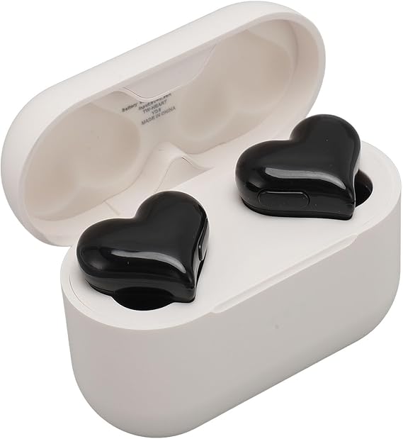 Yunseity Heart Shaped Earbuds, 5.3 HiFi Stereo Sound Noise Canceling Earphones with Charging Case, Cute in Ear Earbuds for Lover Couples for Valentine Sport Travel (Black)