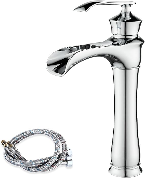 Waterfall Bathroom Basin Mixer Tap, Tall Sink Tap for Counter-top Basin | High Rise Bathroom Mixer Taps, Retro Style, Wide Waterfall Spout, Single Lever, Durable Brass, Flexible Hoses, Chrome