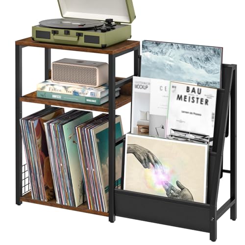 LELELINKY Record Player Stand with Vinyl Storage, 3 Tier Turntable Stand with Display Shelf Storage Up to 150 Albums,Brown End Table for Living Room