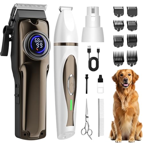 Dog Grooming Kit, Dog Clippers for Grooming Paw Trimmer Nail Grinder, Low Noise Rechargeable Cordless, Pet Shaver with Stainless Steel Blade for Pets Cats Animals