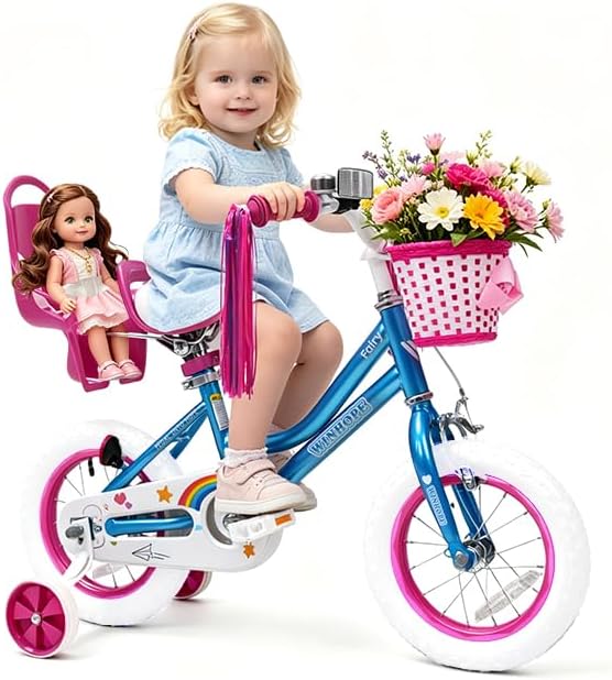 WinHope Girls Bike with Doll Seat, 12 14 16 18 20 Inch Kids Bike for 2-12 | Dual Brake with Training Wheels / Kickstand & Streamers Birthday Gift for Toddler Outdoor Riding, Multiple Colors