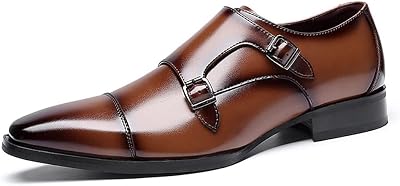 Formal Shoes for Men Slip On Double Monk Strap Cap Toe Leather Low Top Slip Resistant Rubber Sole Anti-Slip Non Slip Outdoor Suitable for Many Occasions