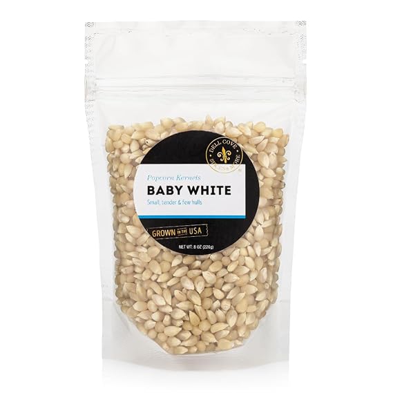 Baby White Gourmet Popcorn Kernels - Dell Cove Spices - Tender White Hulless Popcorn for Movie Nights - Excellent for Stovetop and Air Poppers, Half Pound