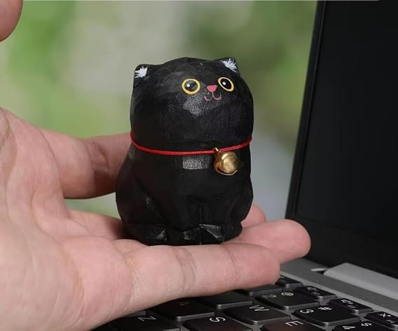 Handcrafted Wooden Black Cat Figurine 2.2" Small Carved Cat Statue Rustic Wood Mini Cat Sculpture Cute Home Decor Gift for Cat Lovers & Collectors