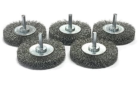 Benchmark Abrasives 2.5 Inch Grinder Mounted Crimped Wire Wheel for Drill with 1/4" Shank, Steel Brush for Rust Removal, Cleaning, Deburring on Cast Iron, Steel Rotary Tools (5 Pack) - Carbon Steel