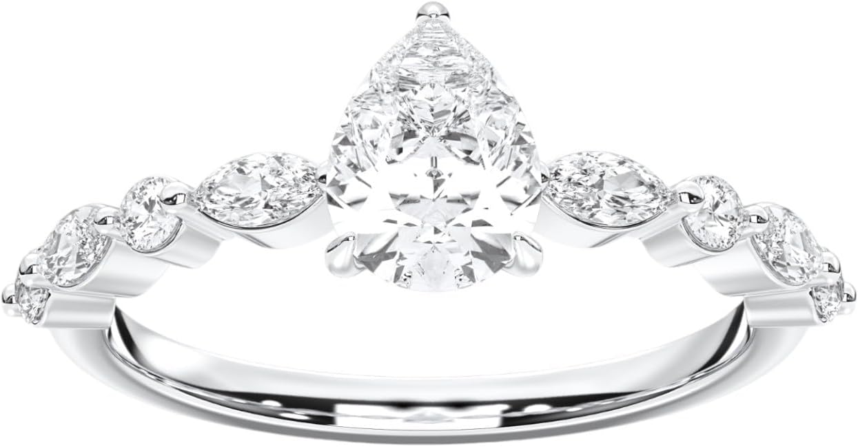 1.36 Carat Pear, Round and Marquise Shape Diamond Engagement Rings For Women, Solid Gold