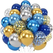 Blue Gold Silver Balloons, 50 PC 12 Inch Metallic Navy Royal Light Blue Silver Gold Balloon With Star Confetti Birthday Balloons Decoration, Kids Party Balloon for Retirement Baby Shower Boys Fathers