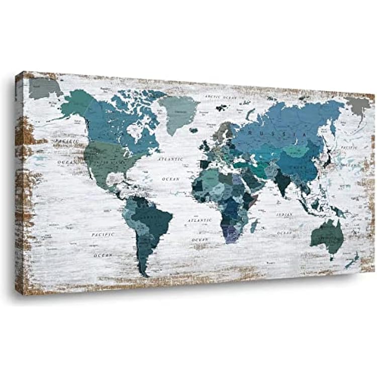 Teal Decor World Map Canvas Wall Art Pictures for Living Room Decoration Blue Wall Decor Office World Map Art Map of the world Picture Framed Artwork for Home Bedroom Decoration 20x40