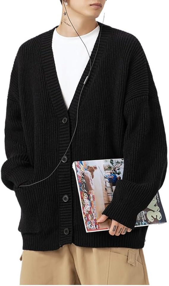 POHADON Mens Cardigan Sweater Button Down Long Sleeve V Neck Cable Knit Sweaters Japanese Streetwear Grunge Clothes