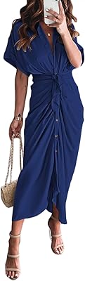 Women Elegant Satin Button Down Short Sleeve Maxi Shirt Dress with Belt