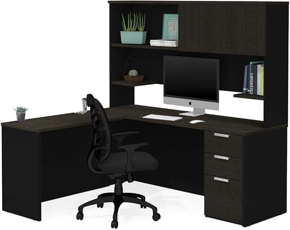 Bestar Pro-Concept Plus 72W L-Shaped Desk with Pedestal and Hutch in deep Grey & Black