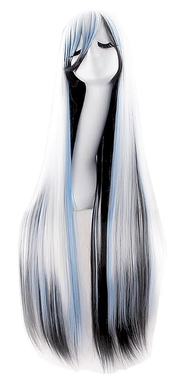 MapofBeauty 40 Inch Oblique Bangs Anime Long Straight Wig, White/Blue/Black | 100 cm Cosplay Wig, Party
