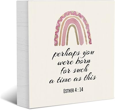 Rainbow Bible Verse Wood Box Sign, Perhaps You Were Born Esther 4 : 14 Christian Wood Box Sign Block Plaque, Home Office Desk Shelf Sign Decoration 5 X 5 Inches