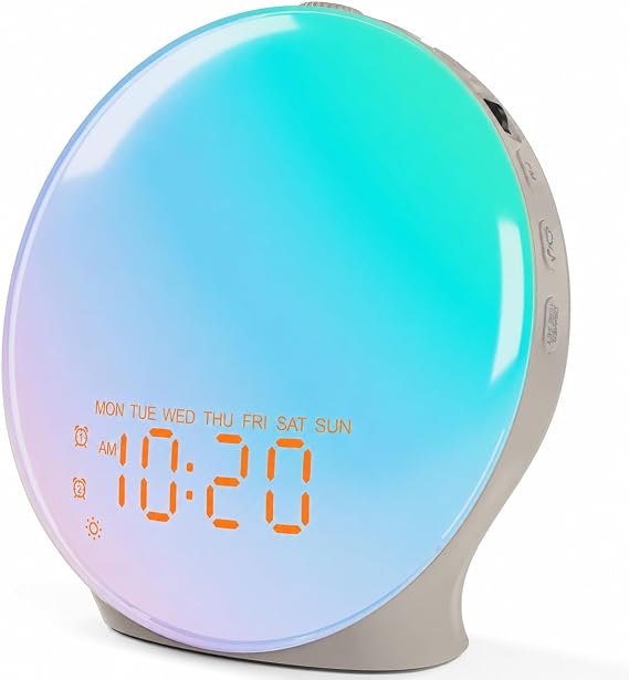 JALL Full Screen Dimmer Sunrise Alarm Clocks for Bedrooms, Wake Up Light with FM Radio, 25 White Noise Sleep Sounds, Bluetooth Speaker, Dual Alarms Bedside Clock for Heavy Sleepers