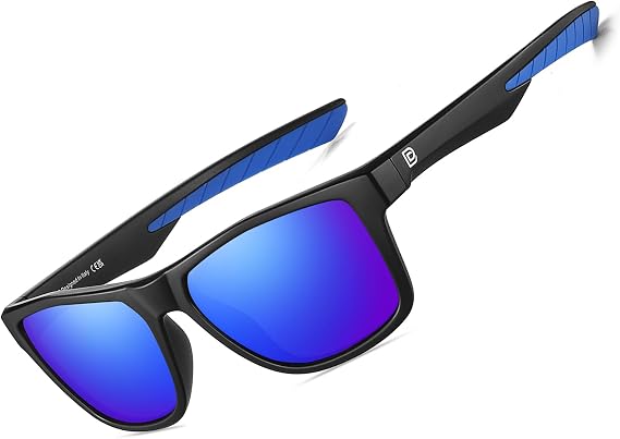 DUCO Polarized Sunglasses for Men Retro Square Shades with UV400 Protection Lightweight for Driving & Running DC6308 (C2 Matte Black Frame Rveo Blue Lens)