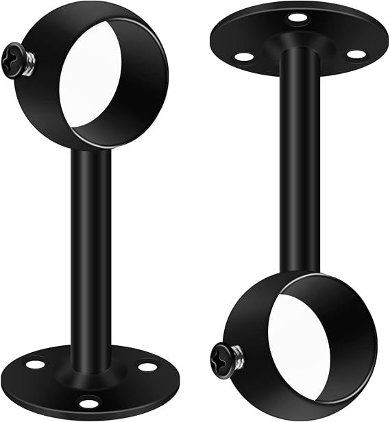 Ceiling Curtain Pole Brackets, 32mm Black Curtain Rod Holder Rail Brackets 2 Pack Heavy Duty Metal Curtain Pole Hangers Stainless Steel Closet Wardrobe Rod Bracket Supports with Screws