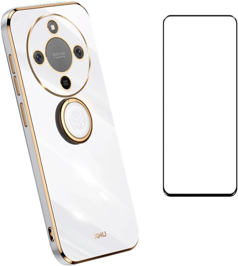 Honor X9D 5G / Honor Magic 8 Lite ケース スリムソフトカバー スクリーンプロテクター付き、キックスタンドリングホルダー保護カバー付きTPUバンパー、ホワイト