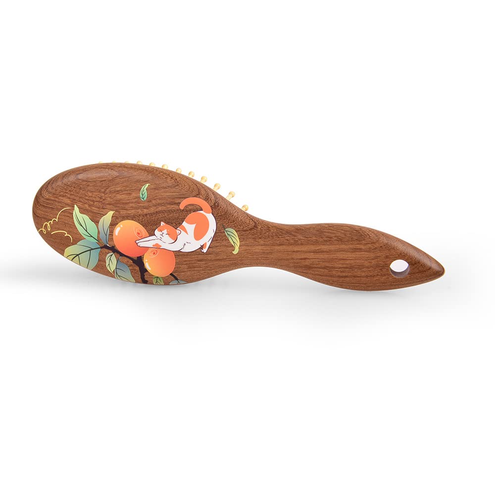 TAN MUJIANG Hair Brush Natural Wood Scalp Massage YM Orange Cat