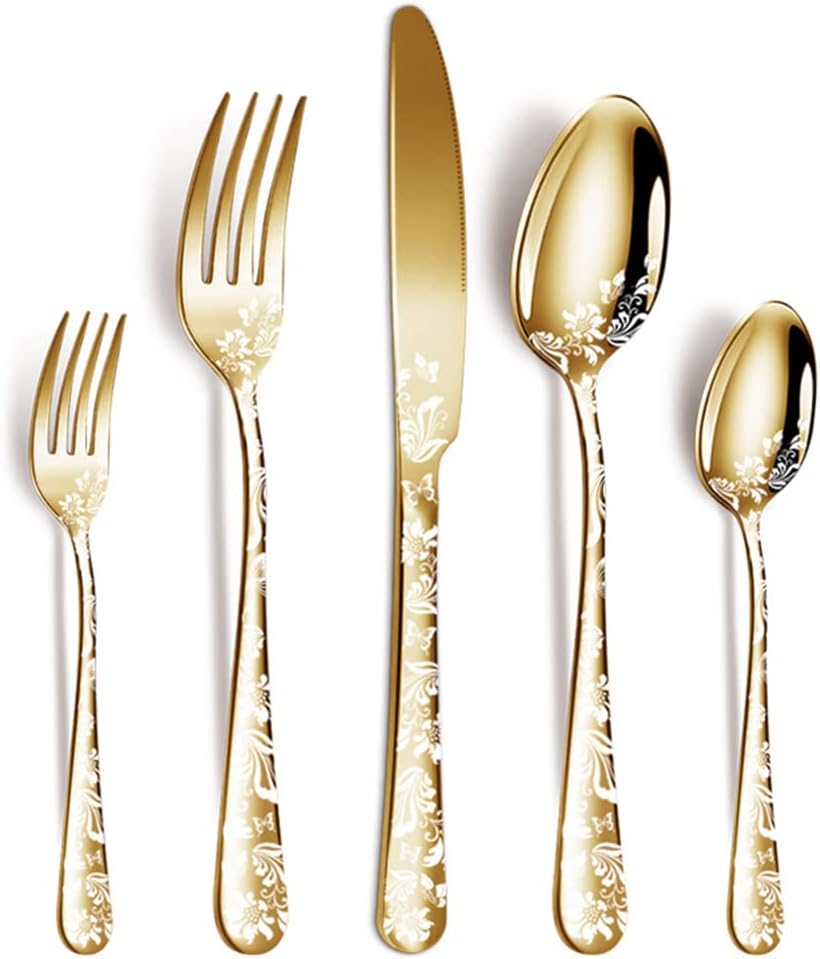 Dinner Gold Silverware Set Classic Dinnerware Palace Style 80 Piece Service for 16 Cutlery Dinnerware Set Wedding Christmas Halloween Home Kitchen Restaurant Anniversary Candlelight Dinner Family Key