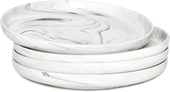 Bosmarlin Marbling Ceramic Rimmed Salad Plates, 8 inches, Set of 4 for Appetizer, Pasta, Dessert, Microwave and Dishwasher Safe (Grey, 8 in)