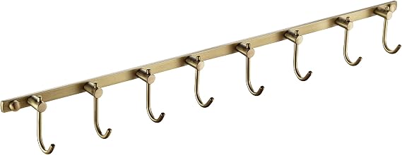 WINCASE Antique Brass Hooks, 8 Hook Coat Rack, Bath Wall Mounted Vintage Brushed Brass Bathroom Row Hooks Rustic Towels Coats Hooks