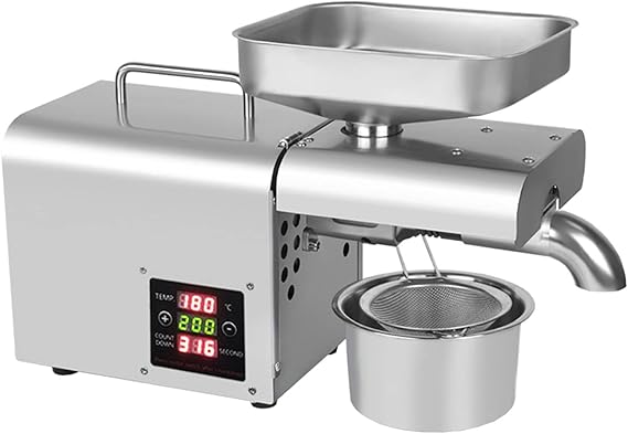 Oil Press Machine,Cold/Hot Press Automatic Oil Extractor, Grade Stainless Steel Oil Press Machine Automatic Oil Presser with Hopper for Commercial Home Use (110V/60Hz Silver), AL-2969