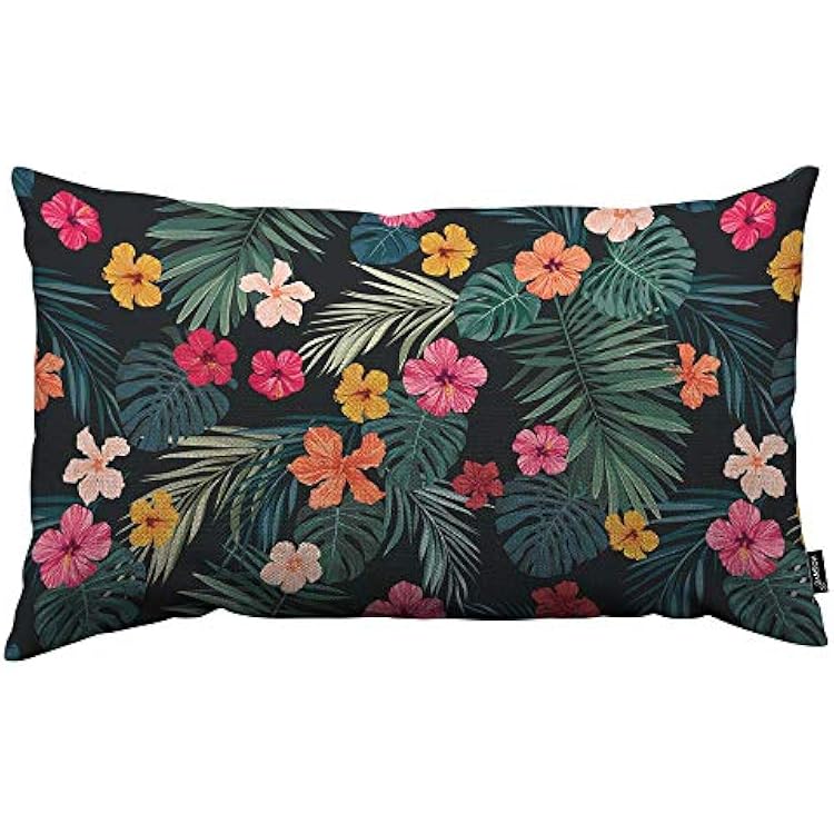 HOSNYE Tropical Floral Throw Pillow Cover Bright Hibiscus Flowers and Exotic Palm Leaves Print Linen Fabric for Couch Bed Sofa Car Waist Cushion Cover 12 x 20 inch Pillow Case