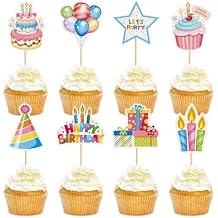 24Pcs Happy Birthday Cupcake Toppers Colorful Birthday Party Cupcake Picks Party Hat Gifts Box Birthday Candle Food Picks for Baby Shower Boys Girls Kids Birthday Party Decorations