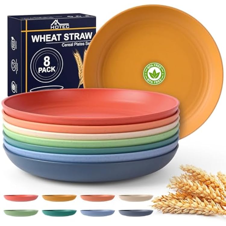 HOTEC 8-Pack 8inch BPA Free Unbreakable Deep Plastic Plates, Wheat Straw Camping Plates Dishwasher Safe Kitchen Plates Dinnerware Multicolor
