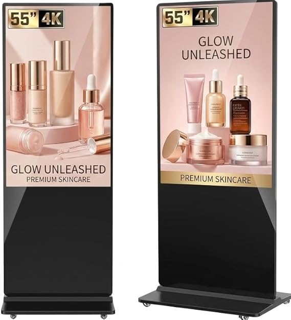 55" Digital Signage Display Kiosk, 4K UHD Freestanding LCD Advertising Screen with 4 Wheels, 450 Nits Commercial Digital Poster with WiFi/HDMI/USB, Android OS for Retail & Malls